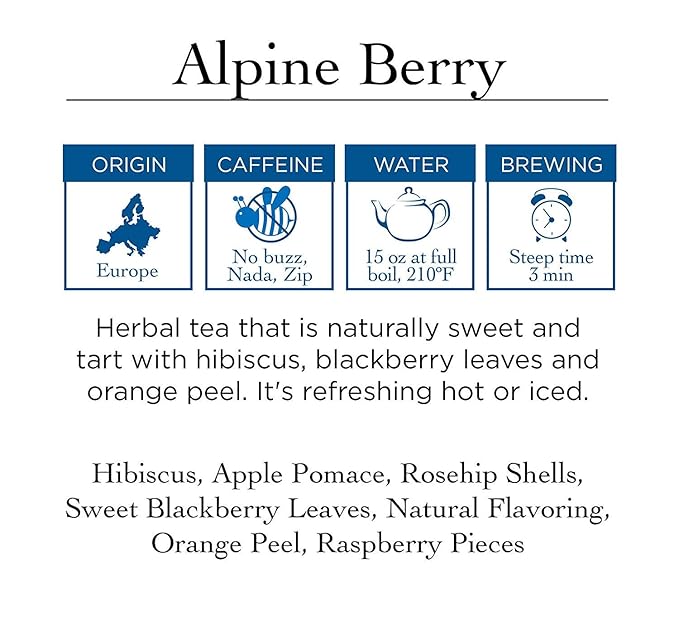 Two Leaves and a Bud Alpine Berry Herbal Tea Bags Naturally Caffeine Free Whole Leaf Herbal Tea in with Hibiscus in Sachets 100 Count