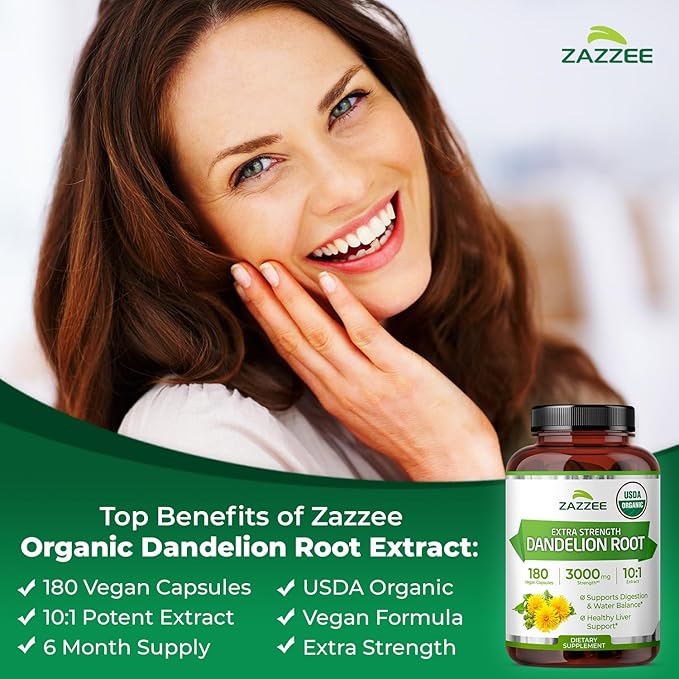 Zazzee USDA Organic Dandelion Root 10:1 Extract 180 Capsules 6 Month Supply Liver &amp Detox Support Taraxacum Officinale Organic Herbal Supplement All-Natural Non-GMO Made in the USA