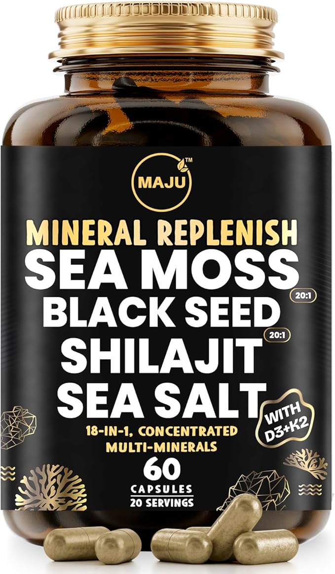 Maju Superfoods 18-in-1 Sea Moss Black Seed Shilajit Sea Salt + D3 &amp K2 Concentrated Extracts Trace Multi Mineral Capsules for Men &amp Women Mineral Electrolytes Supplements