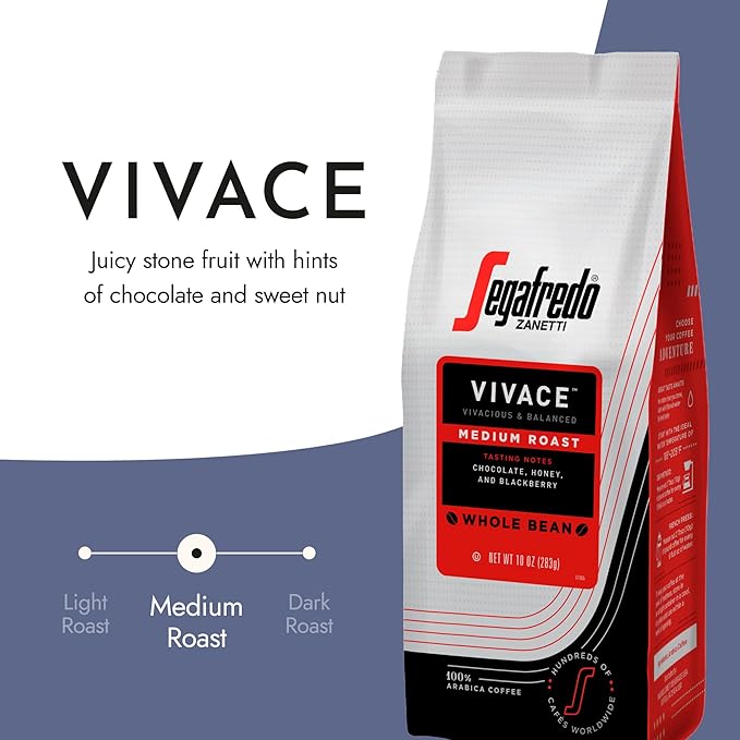 Segafredo Zanetti Whole Bean Coffee – Made With Arabica Coffee – Medium Roast Balanced with Smooth Acidity – Colombian &amp Brazilian Blend – Vivacious Medium Body – Vivace 10oz Bag Pack of 6