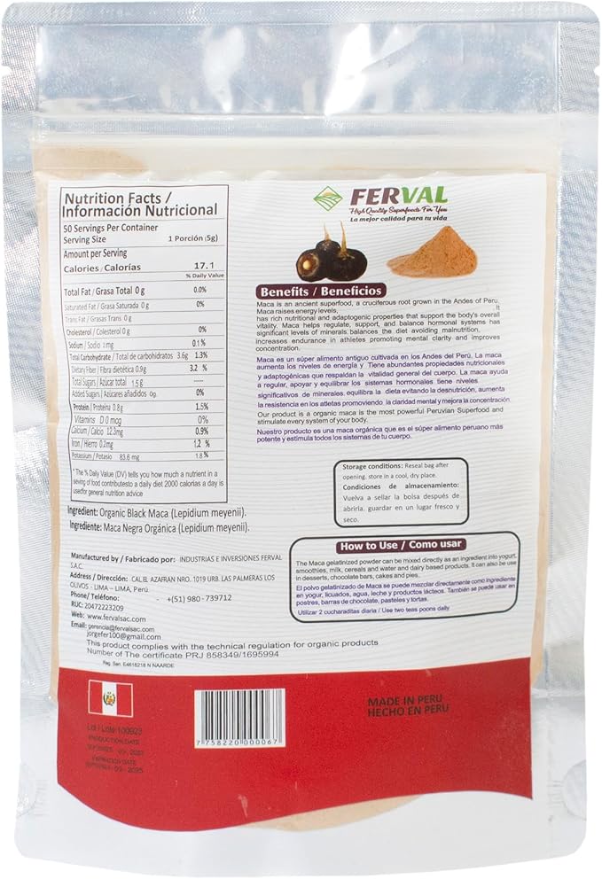 Ferval - Black Maca Powder (Bag of 8.8 oz) - Superfood from The Andes of Peru - by Iky Store
