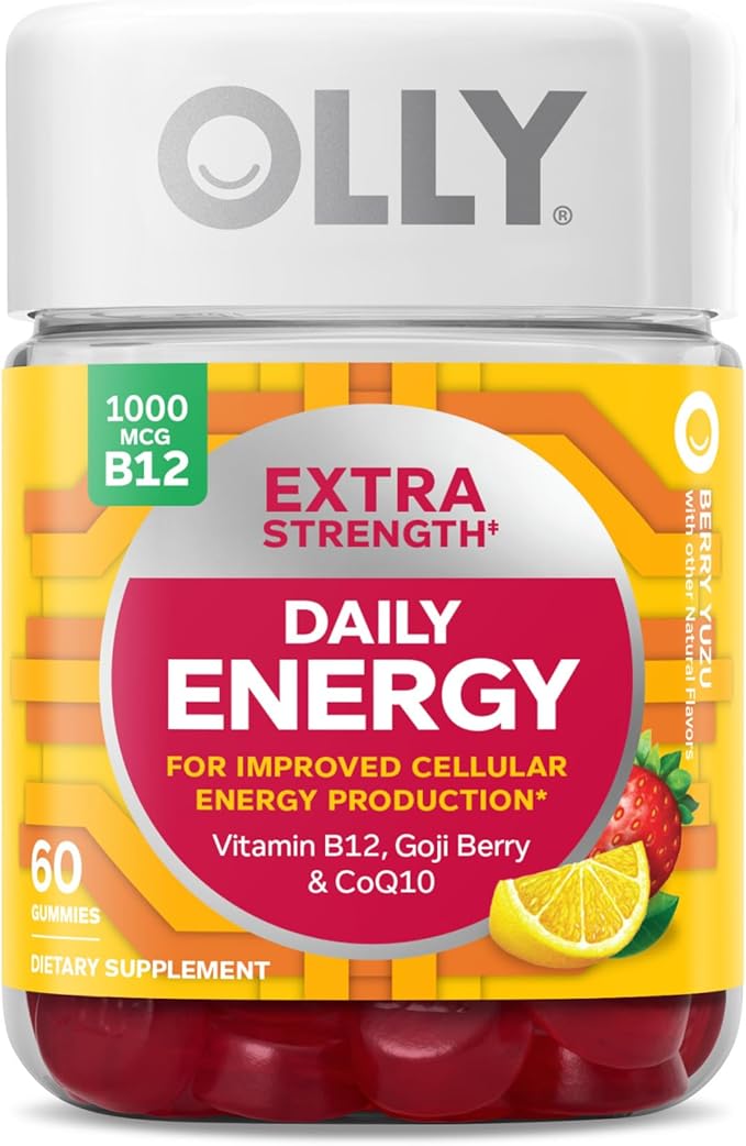 OLLY Muscle Recovery Sleep Gummies Sleep and Sore Muscle Support 3mg Melatonin &amp Extra Strength Daily Energy Gummy Caffeine Free 1000mcg Vitamin B12 CoQ10 Goji Berry