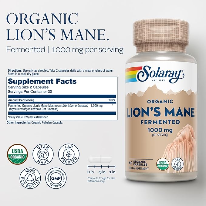 SOLARAY Organic Lions Mane Supplement Capsules - Providing 1000 mg of Lion's Mane Organic Mushrooms Fermented for Enhanced Absorption - Vegan 60-Day Guarantee Lab Verified 30 Servings 60 VegCaps