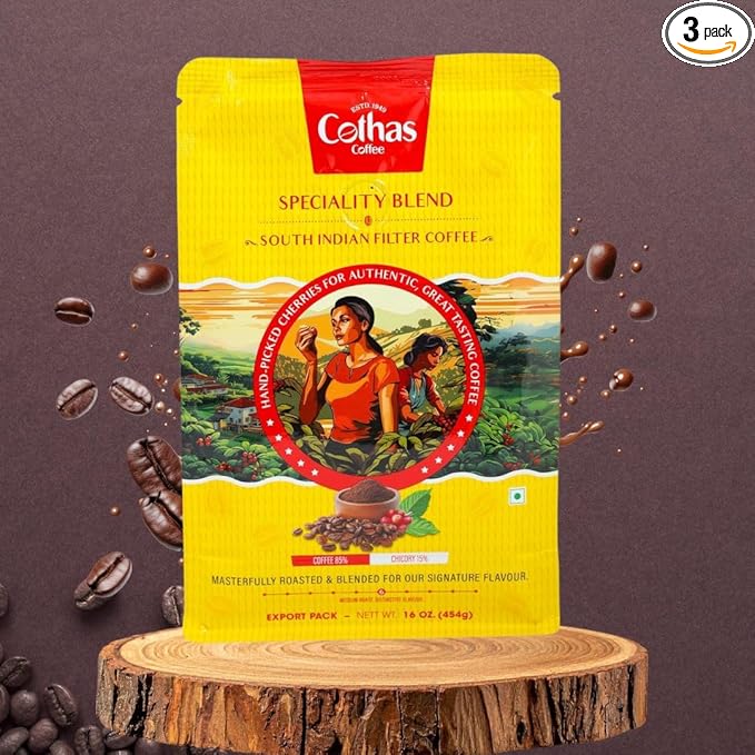 Cothas Traditional South Indian Speciality Blend Filter Coffee Powder - Pack of 3 Each 1 lbs [ Coffee : 85% Chicory : 15%. ]