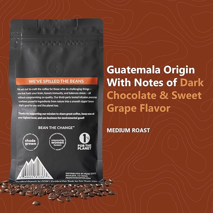 Peak State Immunity Boost Medium Roast – Organic Mushroom Coffee Low Acid &amp Smooth Dark Chocolate &amp Sweet Grape Notes Whole Bean Gluten Free 12 oz (2 Pack)