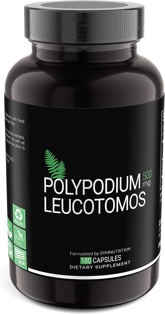 SYMNUTRITION Polypodium Leucotomos 500mg 180 Count (V-Capsules) / 90 Servings: Manufactured in a cGMP-Registered Facility in USA Vegan Gluten Free