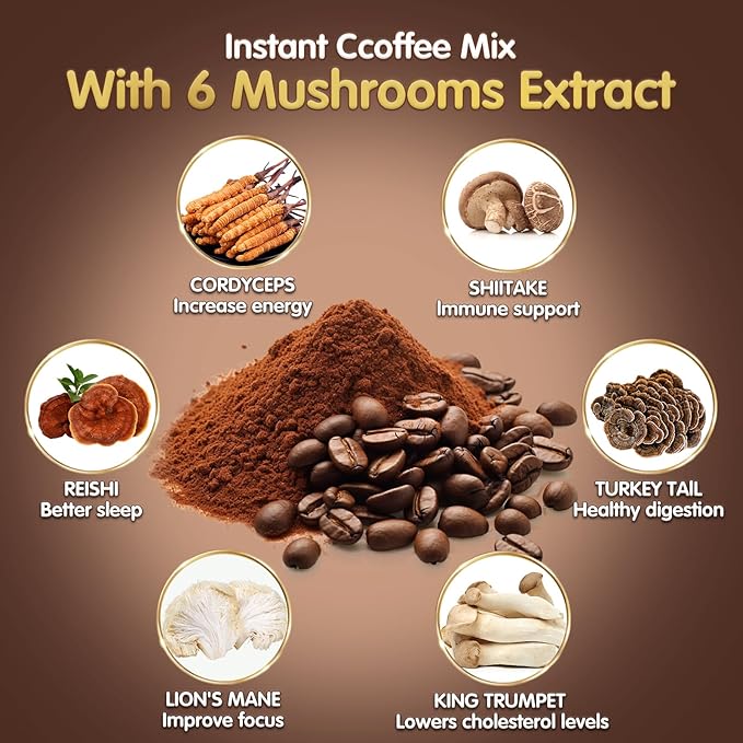 Mushroom Coffee 6 Adaptogenic Mushrooms (Lion's Mane Cordyceps Turkey Tail &amp Other) Mixed with Premium Instant Coffee for Focus Energy Immune and Gut Health Support 50 Servings