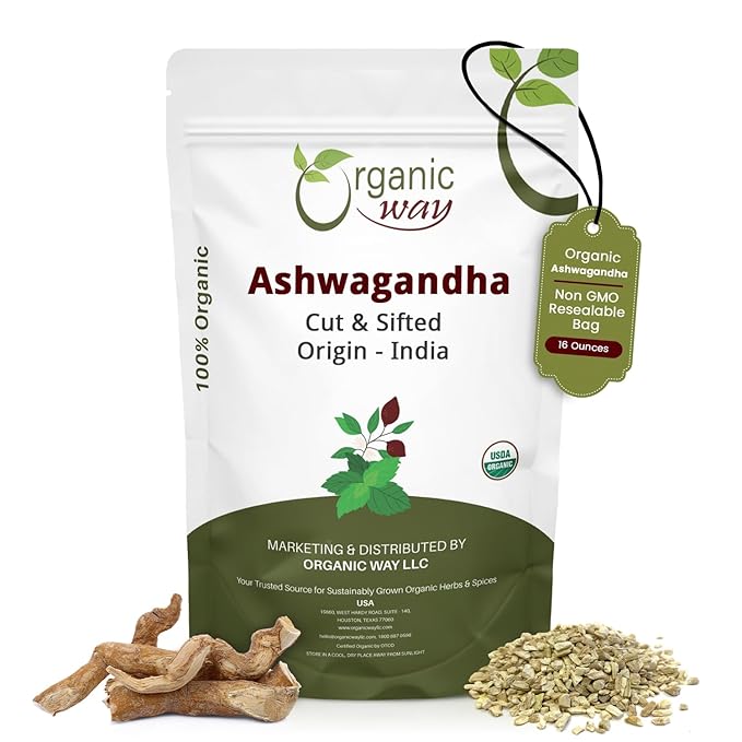 Organic Way Ashwagandha Root Cut &amp Sifted (Withania somnifera) - Organic &amp Kosher Certified | Vegan Non GMO &amp Gluten Free | USDA Certified | Origin - India (1LBS / 16Oz.)