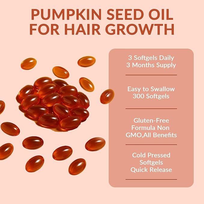 Pumpkin Seed Oil Capsules 2 in 1 Pumpkin Seed Oil with Saw Palmetto for Hair Growth 3000mg Per Serving Cold Pressed Supports Hair Heart Skin Supplement Non-GMO Gluten Free 300 Softgels