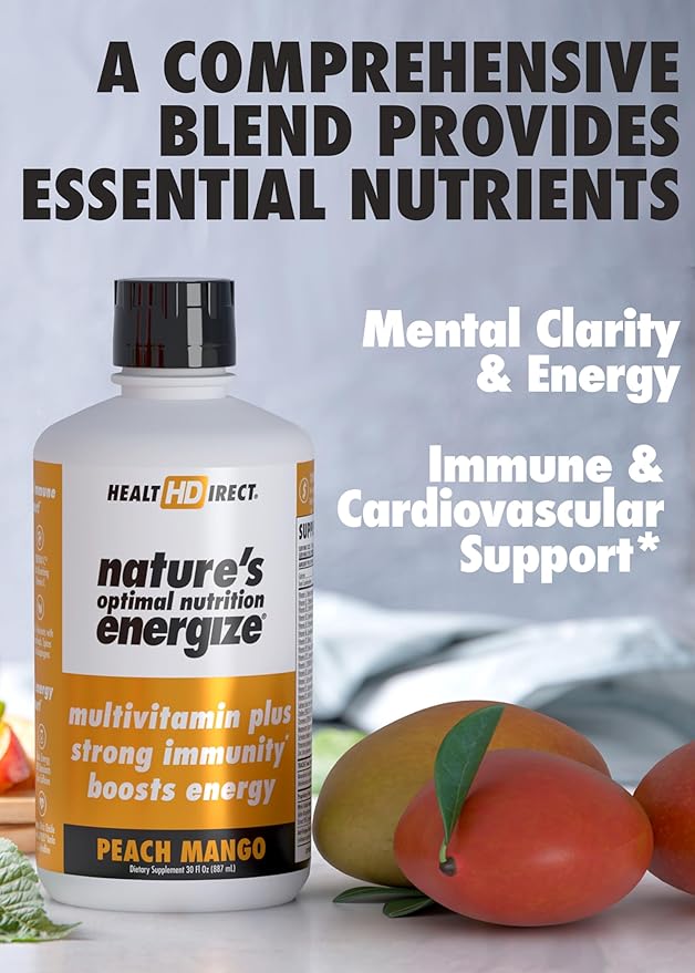 HEALTH DIRECT - Nature's Optimal Nutrition Energize Liquid Multivitamin Superfood - 140+ Nutrients - Mental Clarity &amp Energy - Immune &amp Cardiovascular Support – 30 Servings – Peach Mango
