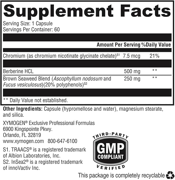XYMOGEN Berberine with InSea2 - Berberine Supplement 500mg - Daily Metabolic Support Supplement - Wildcrafted Brown Seaweed Polyphenols - Support Wellness &amp Digestive Balance (60 Capsules)