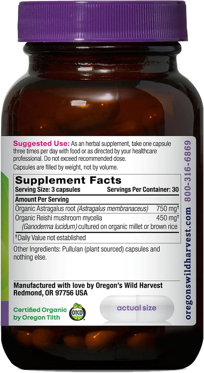 Oregon's Wild Harvest Astragalus Reishi Organic Herbal Supplement 90 Count