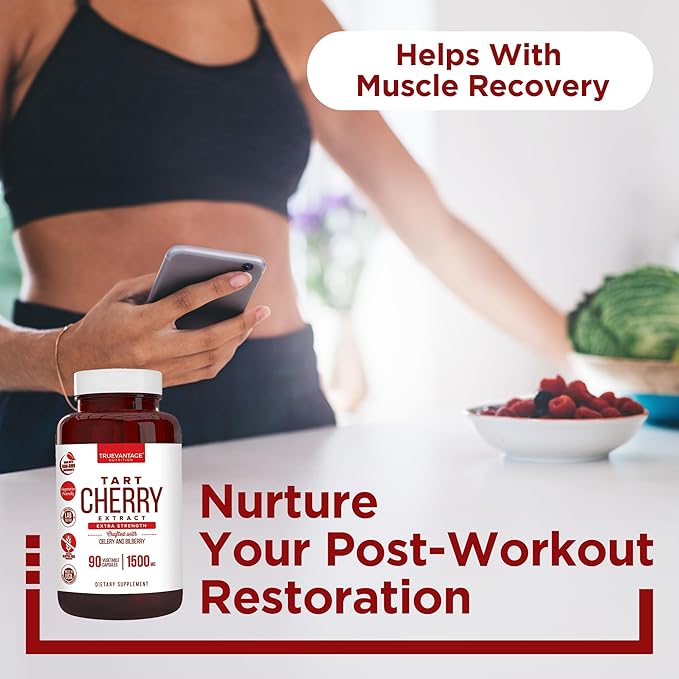 Tart Cherry Extract Capsules with Celery Seed Extract and Bilberry for Joint Support Muscle Recovery and Uric Acid Flush Support Made in The USA - 90 Tart Cherry Capsules