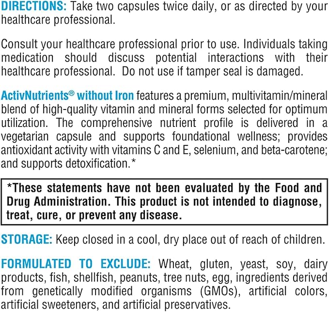 XYMOGEN ActivNutrients Without Iron - No Iron Multivitamin for Wellness Support - Energy Production &amp Immune Support - Antioxidant Activity - Gluten-Free &amp Dairy-Free - 120 Count