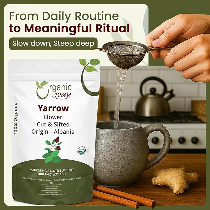 Organic Way Yarrow Flower Cut &amp Sifted (Achillea millefolium) - Herbal Tea | European Wild-Harvest | Kosher &amp USDA Certified | Vegan Non-GMO &amp Gluten Free | 100% Raw from Albania (1LBS /