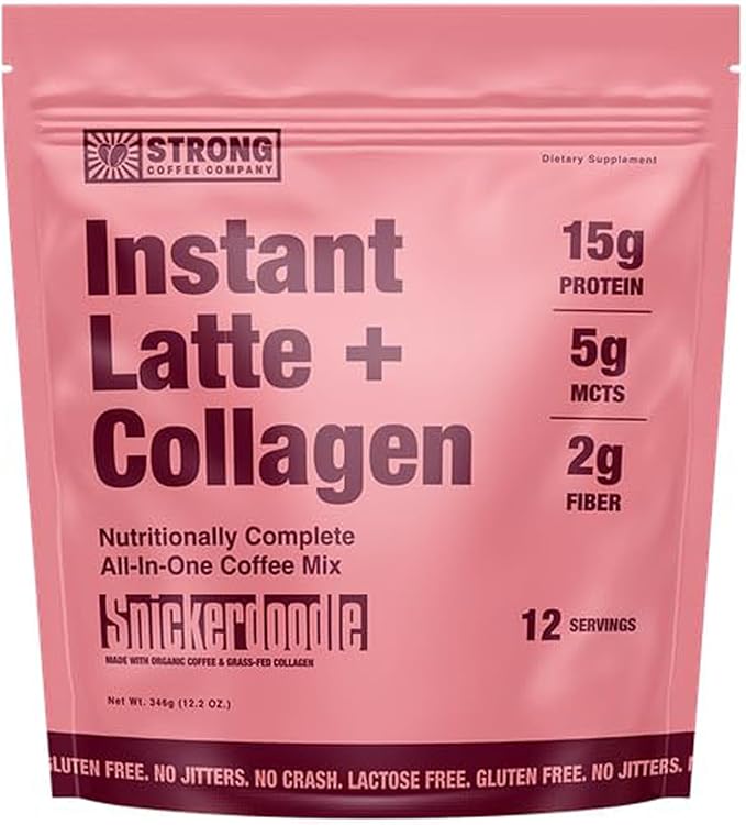 Strong Coffee Co. Snickerdoodle Instant Latte | Organic Coffee with 15g Collagen Protein | Lion’s Mane &amp L-Theanine | Nootropic Instant Coffee | 12 Servings