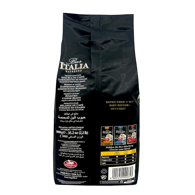 Saquella Bar Italia Gran Crema Espresso Coffee Beans 1kg (2.2 lb) | Authentic Italian Roast | Full-Bodied Velvety Crema &amp Rich Aroma | Perfect for Espresso Cappuccino &amp Latte