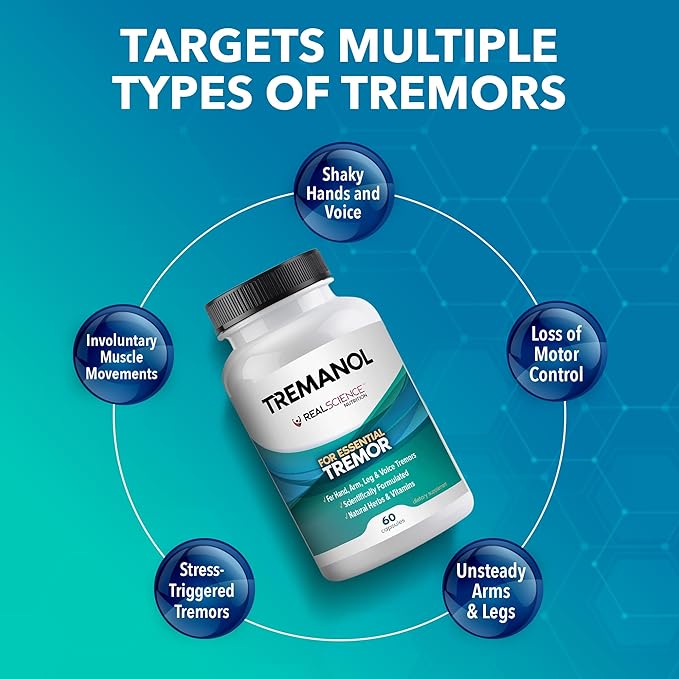 Tremanol Natural Aid Essential Tremor Relief Herbal Supplement for Neurological Support - Includes Vitamin B2 &amp B12 Passionflower &amp Skullcap for Hand Tremor Aids - Made in USA 60 Caps