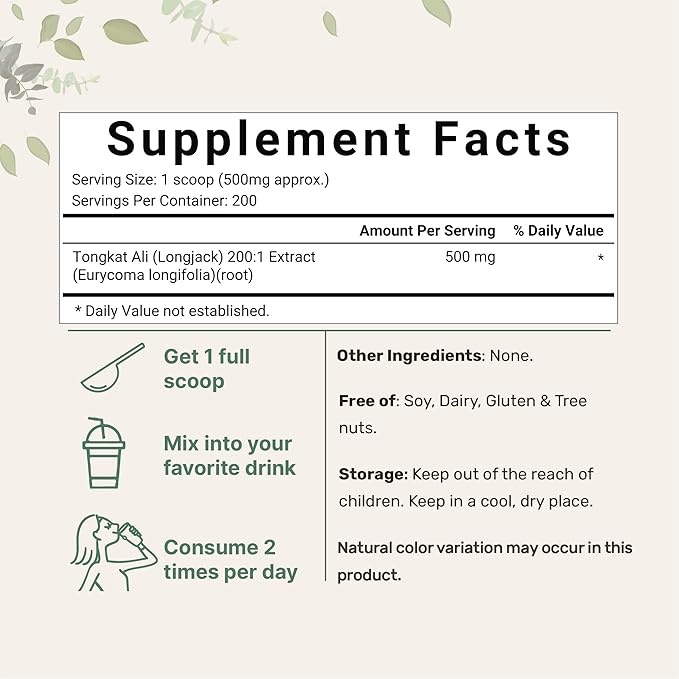 Micro Ingredients Tongkat Ali 200:1 Extract Powder for Men (100g) | Eurycoma longifolia (Longjack) Root | Concentrated Herbal Supplement | Non-GMO Gluten Free