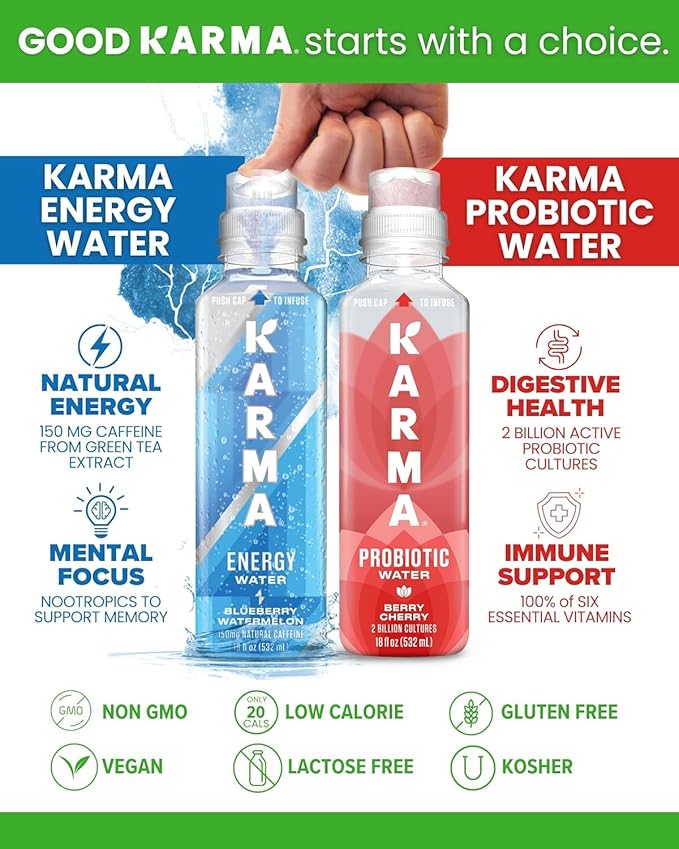 Karma Energy Drink – 12 Pack Orange Mango Caffeinated Water with Cognizin® Nootropics Vitamins &amp Immune Support Low Calorie