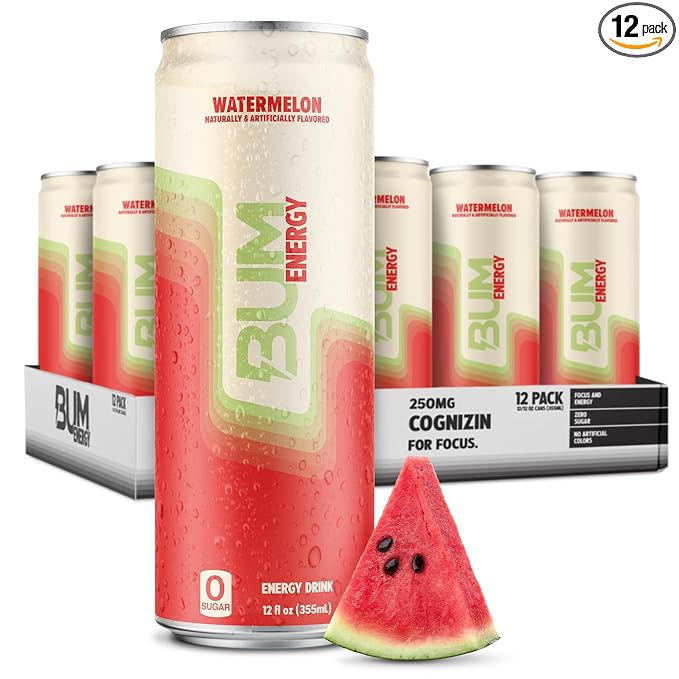 BUM Sugar-Free Energy Drink Watermelon - Lightly Carbonated &amp No Artificial Colors Natural Caffeine &amp Citicoline for Energy &amp Focus Brain Boost &amp Workout Sports Beverage - 12 oz Pa