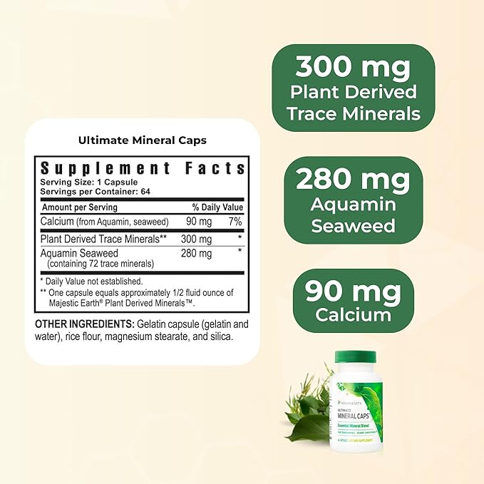 Youngevity Ultimate Mineral Caps™ - 70+ Essential Full Spectrum Trace Minerals - Nutrient-Dense Derived from Humic &amp Aquamin Seaweed (64 Capsule) (Pack of 4)