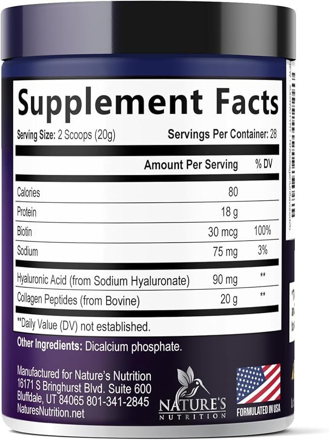 Collagen Peptides Powder - Hydrolyzed Type 1 &amp 3 Collagen Powder 20g per Serving with Hyaluronic Acid &amp Biotin - Vital Nails Skin &amp Joint Support - No Sugar Unflavored Bottled in USA -