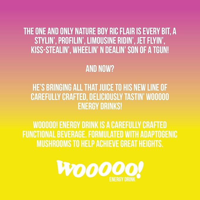 Wooooo! Energy Ric Flair Sparkling Adaptogenic Mushroom Energy Drink | Natural Antioxidants &amp Nootropics | Lion’s Mane &amp Cordyceps | 150mg Caffeine | 12 Pack (Variety Pack)