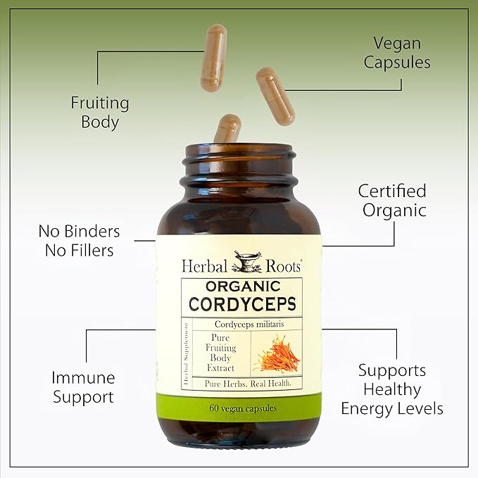 Herbal Roots Organic Cordyceps - Fruiting Body Extract Mushroom Capsules - Immune &amp Energy Support - 60 Vegan Capsules