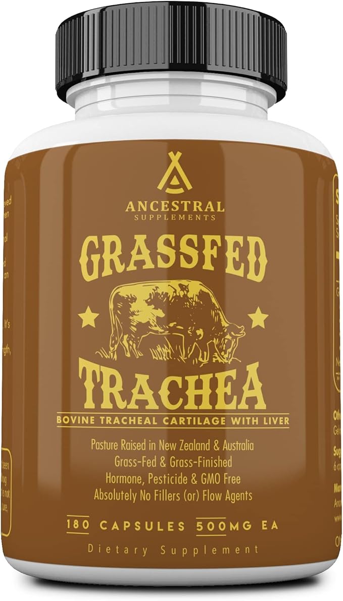 Ancestral Supplements Grass Fed Beef Tracheal Cartilage Supplement with Liver 3000mg Immune Health and Joint Support Supplement Promotes Healing Non-GMO 180 Capsules
