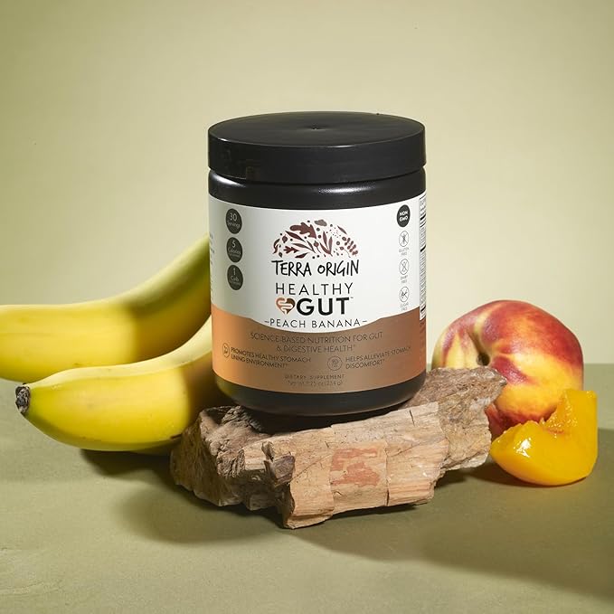 TERRA ORIGIN Healthy Gut Peach Banana | 30-Servings with L-Glutamine Zinc Glucosamine Slippery Elm Bark Marshmallow Root and More!