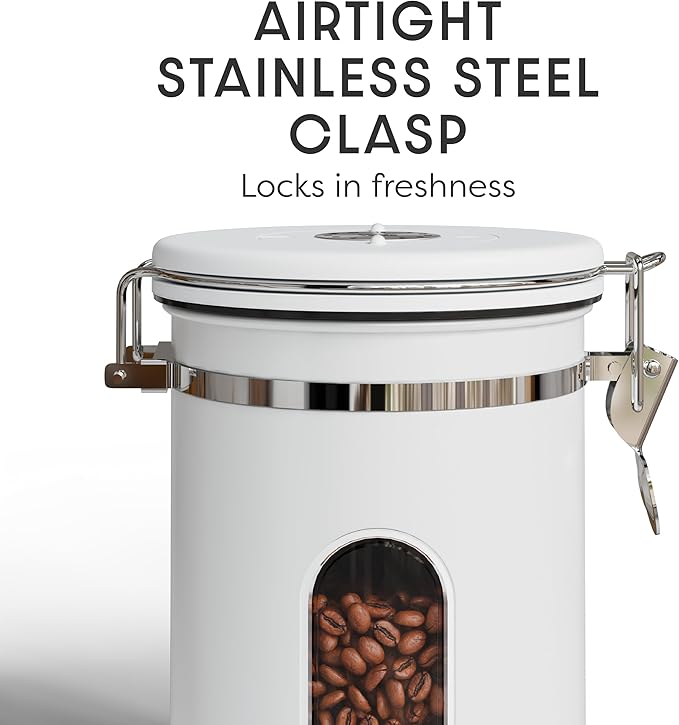 Veken Coffee Canister with Window Easter Gifts Airtight Stainless Steel Container with Lids Home Kitchen Food Storage Jars for Grounds Beans Tea Flour Cereal Sugar Basket Scoop 22OZ White