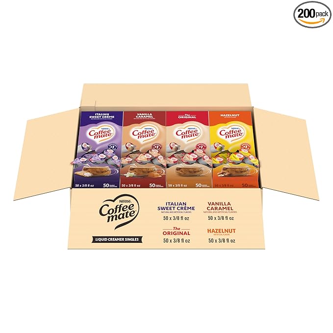 Nestle Coffee mate Creamer Singles Variety Pack Original Hazelnut Italian Sweet Creme Vanilla Caramel Non Dairy No Refrigeration 0.375 fl oz Tubs 200 Count (Pack of 50 Per Flavor)