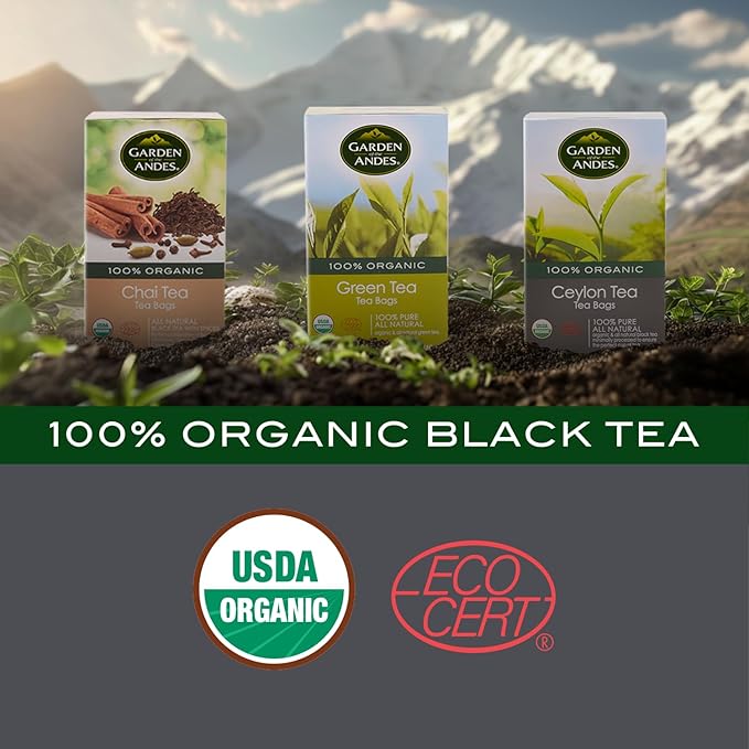 Garden of the Andes - Organic Ceylon Black Tea - 20 Tea Bags per Box Pack of 6 (120 Tea Bags) - Estate-Grown Single-Origin - Robust Aromatic Flavor Traceable Farm-to-Cup