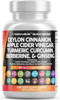 Clean Nutraceuticals Ceylon Cinnamon Capsules + Berberine Turmeric Apple Cider Vinegar Ginseng Bitter Melon Gymnema Milk Thistle Fenugreek Supplement Pills Powder for Men &amp Women
