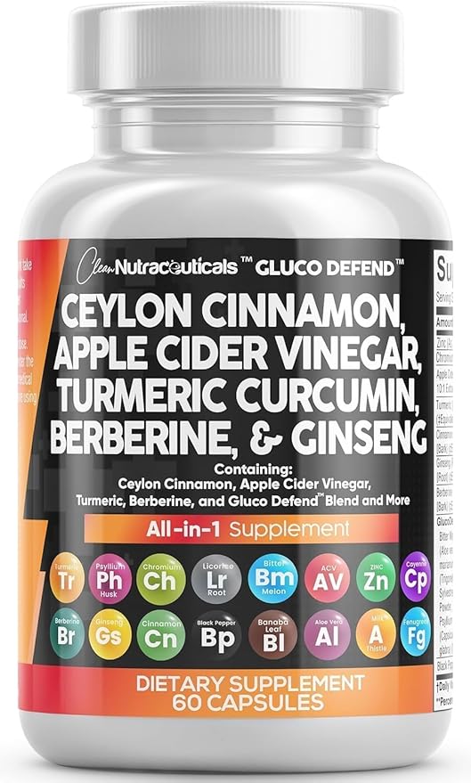 Clean Nutraceuticals Ceylon Cinnamon Capsules + Berberine Turmeric Apple Cider Vinegar Ginseng Bitter Melon Gymnema Milk Thistle Fenugreek Supplement Pills Powder for Men &amp Women
