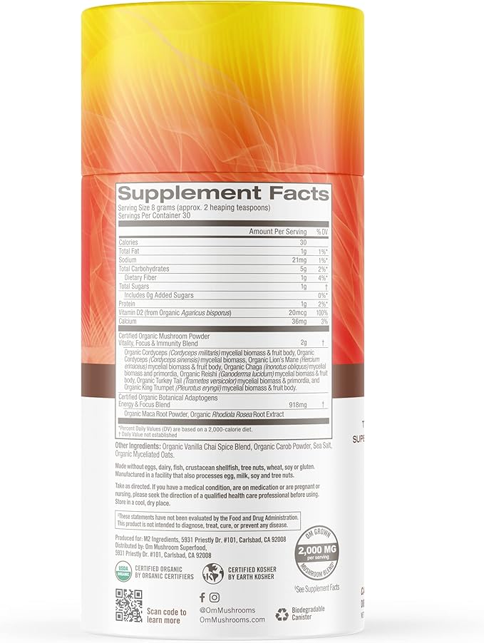 OM MUSHROOM SUPERFOOD Morning Energy Blend – Caffeine-Free Powder with Cordyceps Lion’s Mane Rhodiola &amp Vitamin D2 – Supports Energy Focus &amp Endurance – 8.47 oz Canister (30 Servings)
