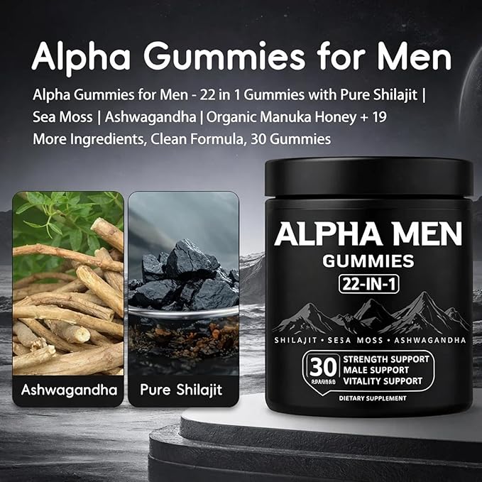 Alpha Gummies for Men with Shilajit Sea Moss Ashwagandha Manuka Honey + 22 in 1 Ingredients All Natural Support Overall Health &amp Wellness Advanced Formula 30 Gummies (1)