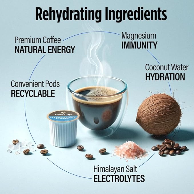 VitaCup Hydration Coffee Pods Coffee That Hydrates You w/Electrolytes Coconut Water Pink Himalayan Salt Magnesium Medium Roast Single Serve Pod compatible with Keurig K-Cup Brewers 36Ct