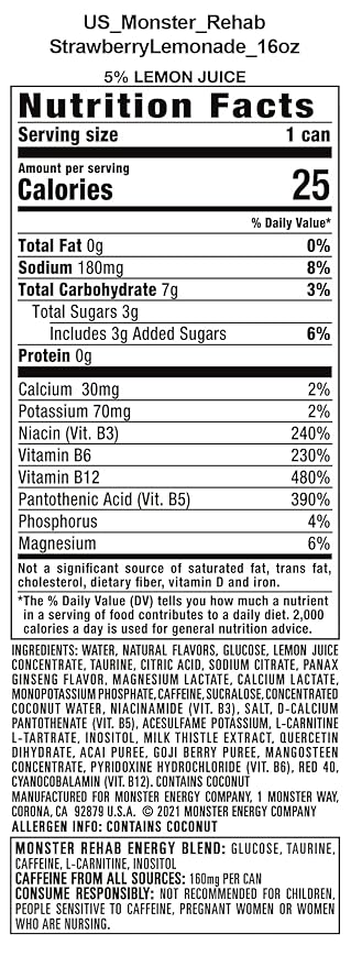 Monster Energy Rehab Strawberry Lemonade + Energy Energy Drink 15.5 Ounce | Pack of 15