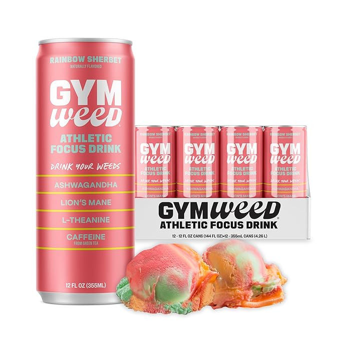 GYM WEED Athletic Focus Drink with KSM-66 Ashwagandha Lion's Mane Mushroom L-Theanine 200mg Green Tea Caffeine with Natural Sweeteners Rainbow Sherbet Flavor 12 Pack