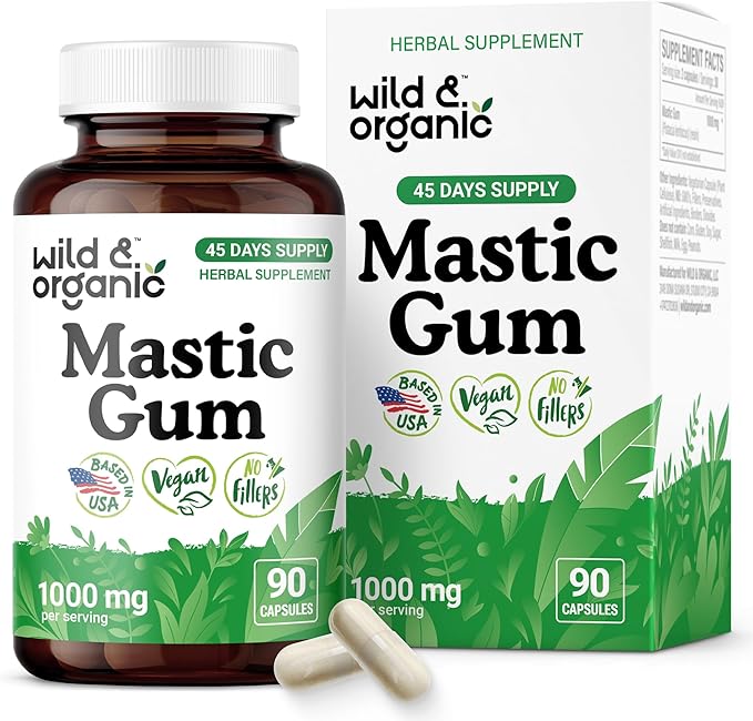 Wild &amp Organic Mastic Gum Capsules - 1000 mg Mastic Gum Supplement for Gut Support - 45 Days of Supply - 90 Vegan Resin Capsules - No Fillers Non-GMO Gluten-Free
