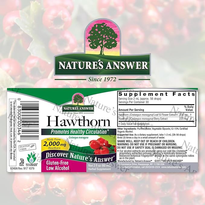 Nature's Answer Organic Hawthorn Extract 2 Oz - Low Alcohol Gluten Free &amp Kosher - Heart Support - Ideal for Hawthorn Berry Tea