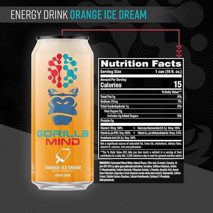 Gorilla Mind Energy Drink | Unmatched Energy · Amplified Focus | N-Acetyl-L-Tyrosine Alpha-GPC 200mg Caffeine Uridine Saffron | 0 Sugar Or Artificial Colors | 16oz 12-Pack (Orange Ice Dream)