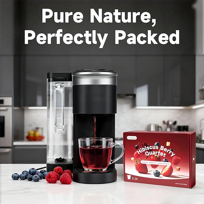 Chaism Hibiscus Berry Quartet - Herbal Tea Pods 4 Berries Blend Caffeine Free 24 K Cups