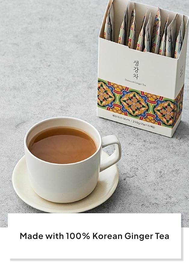 Korean Food Damccot Ginger Tea Sticks 250g (8.8oz Total 10 x 25g/0.9oz Each) – Concentrated Authentic Korean Ginger Extract for Warm/Cold Beverages &amp Milk Lattes 생강차