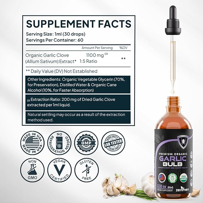 Zenmen Organic Garlic Cloves Extract (Odorless Tincture) - Immune Support Source of Antioxidants - 2.32 oz / 60ml Vegan Manufactured in the USA