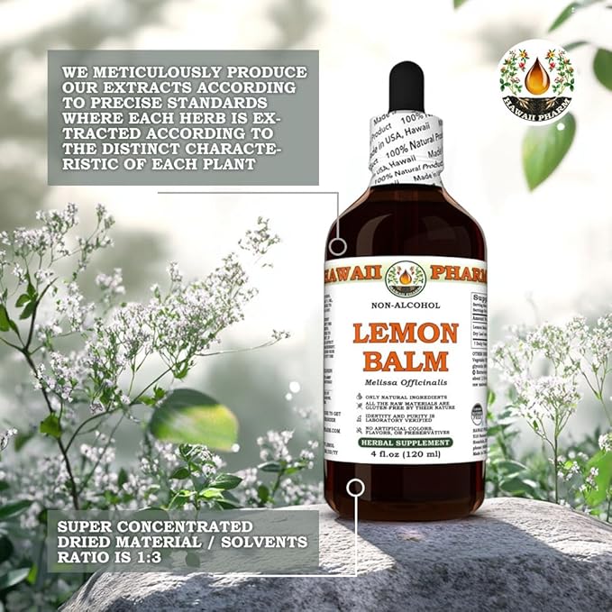 Hawaii Pharm Lemon Balm Alcohol-Free Extract Glycerite for Relaxation Supports Restful Sleep Promotes Mental Clarity and Cognitive Function Eases Digestive Discomfort - 2 fl.oz