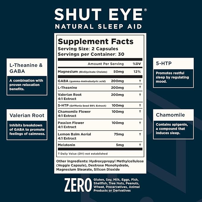 Shut Eye Natural Sleep Aid Supplement for Adults | 5mg Melatonin | Helps Relax and Promote Natural Deep Sleep with Valerian Root Chamomile &amp Magnesium | Vegan &amp Non-GMO | 60 Capsules