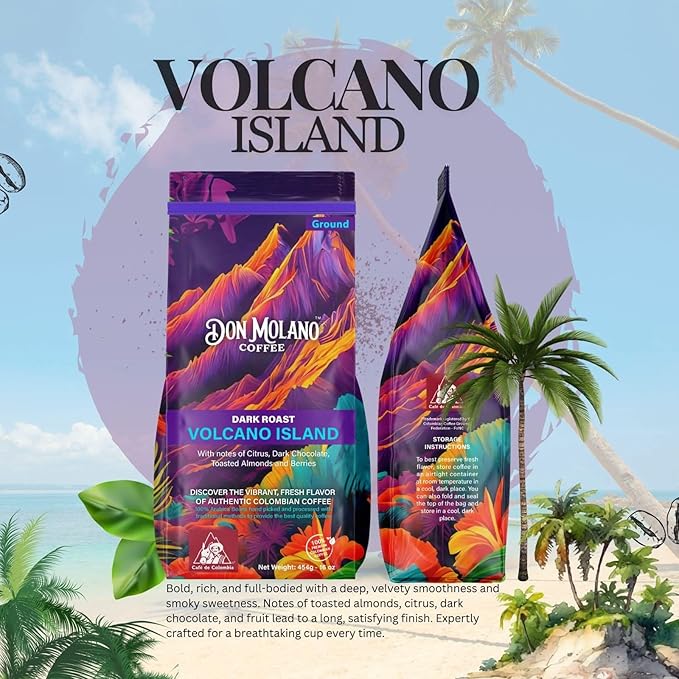 Don Molano Coffee Volcano Island Dark Roast 16oz - Premium Colombian Coffee Halal Certified - Rich bold and full bodied with a deep velvety smoothness and smokey sweetness with notes of Toasted Alm